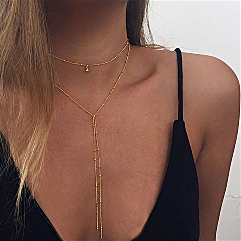 

ROMAD Round Beads Long Tassel Necklace Double Layer Necklace Women Short Clavicular Chain Female Party Jewelry R4