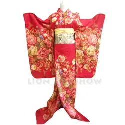 Японский красный цветочный длинный Furisode Реверсивный традиционный кимоно костюм для косплея наряд