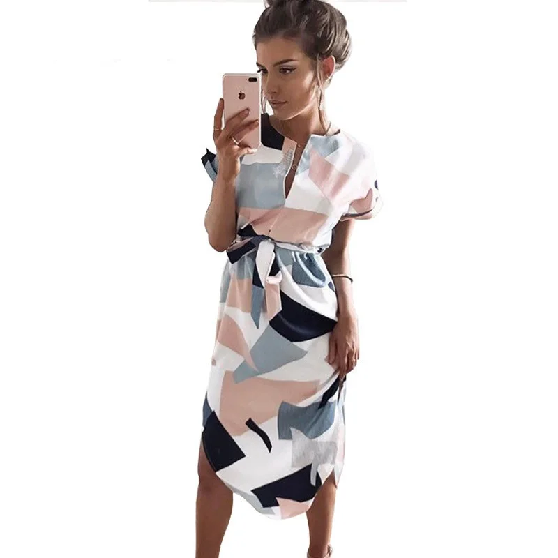 

Summer Dress 2019 New Women Beach Casual Dresses Boho Short Sleeve Print Midi Party Knee-Length Dress Vestidos Mujer