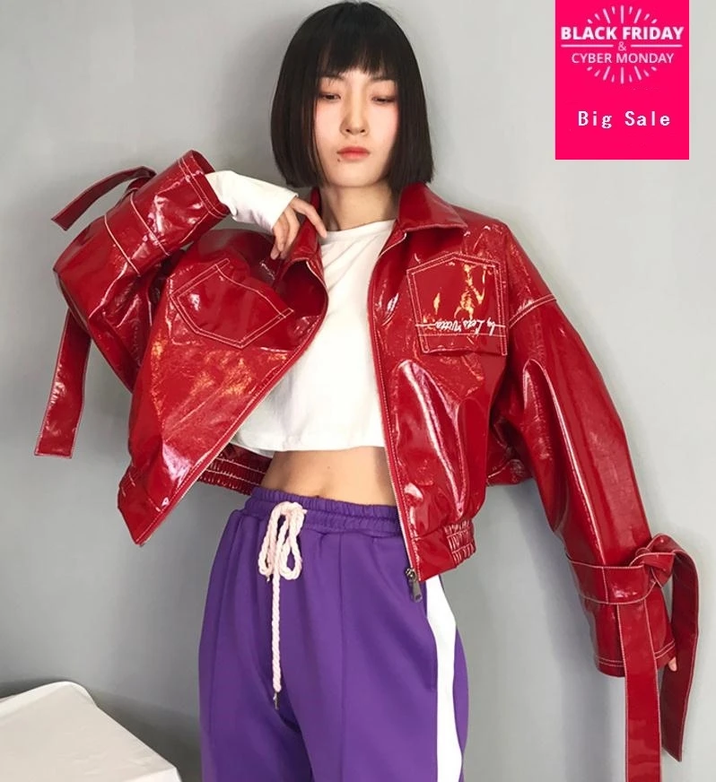 

Fashion brand Patent leather jacket female Glossy fabric pu leather embroidery short Slim jackets with pockets wj2723 dropship