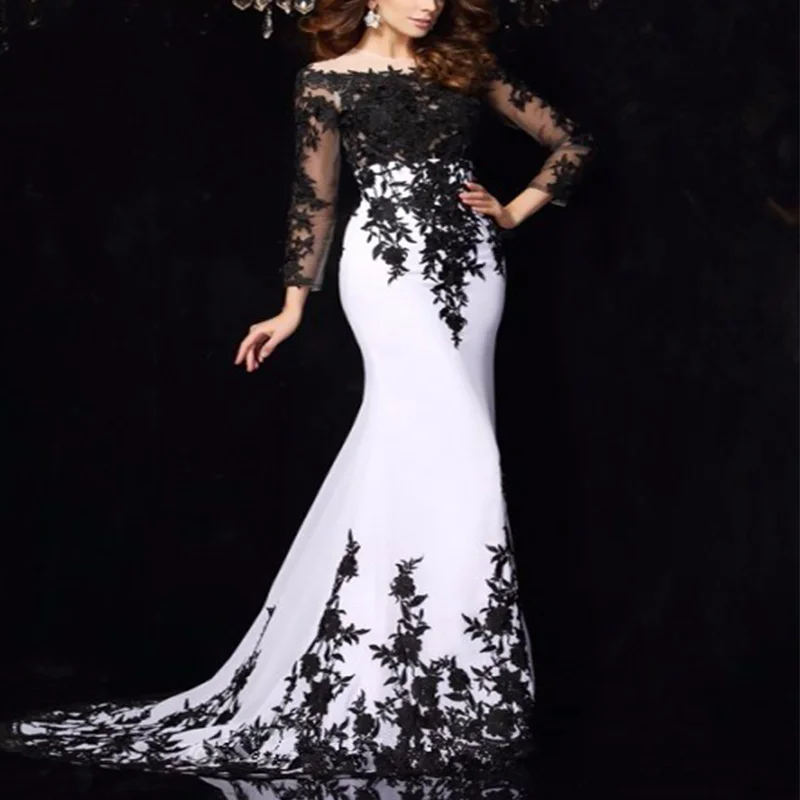 Ryanth Formele Witte Mermaid Avondjurk Voor Party Zwarte Lange Mouwen Lace Prom Gown 2019 Aanpassen Moeder Van De Bruid jurk Ryanth Formele Witte Mermaid Avondjurk Voor Party Zwarte Lange Mouwen Lace Prom Gown 2019 Aanpassen Moeder Van De Bruid jurk