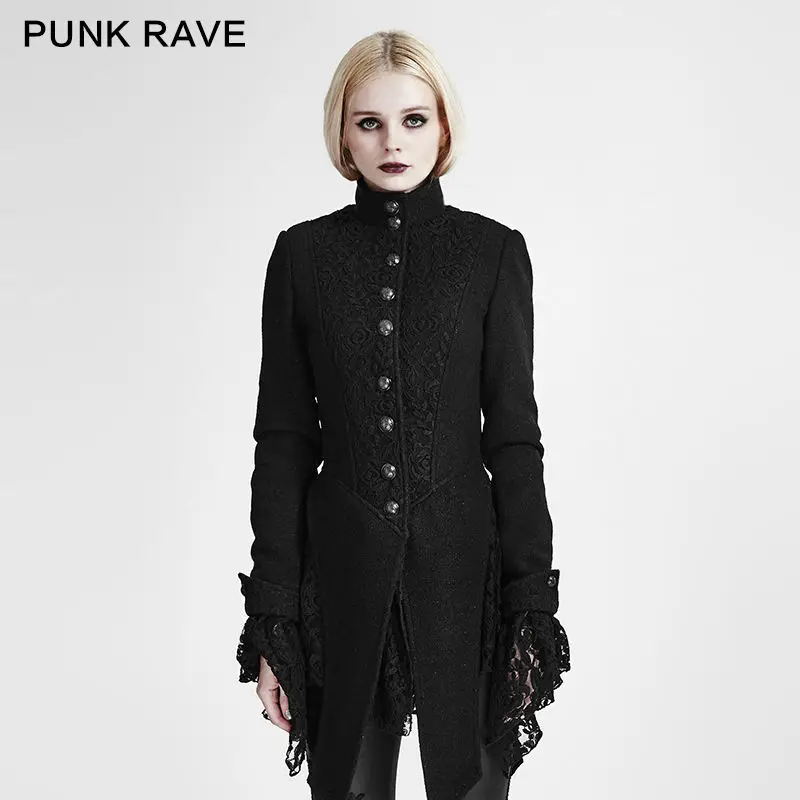 

PUNK RAVE Women Fashion Gothic Black Jacket Coat Casual Steampunk Woolen Lace Stitching Gothic Coat
