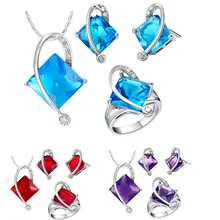 925 стерлингового серебра Наборы для ухода за кожей Цвет синий и красный цвета кристалл для Для женщин Свадебные украшения стерлингового серебра 925 пробы Цепочки и ожерелья серьги для Для женщин