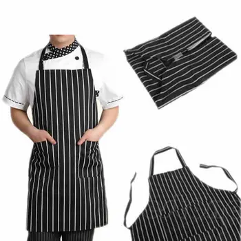 

Adjustable Black Stripe Bib Apron with 2 Pockets Chef Waiter Kitchen Cook Tool