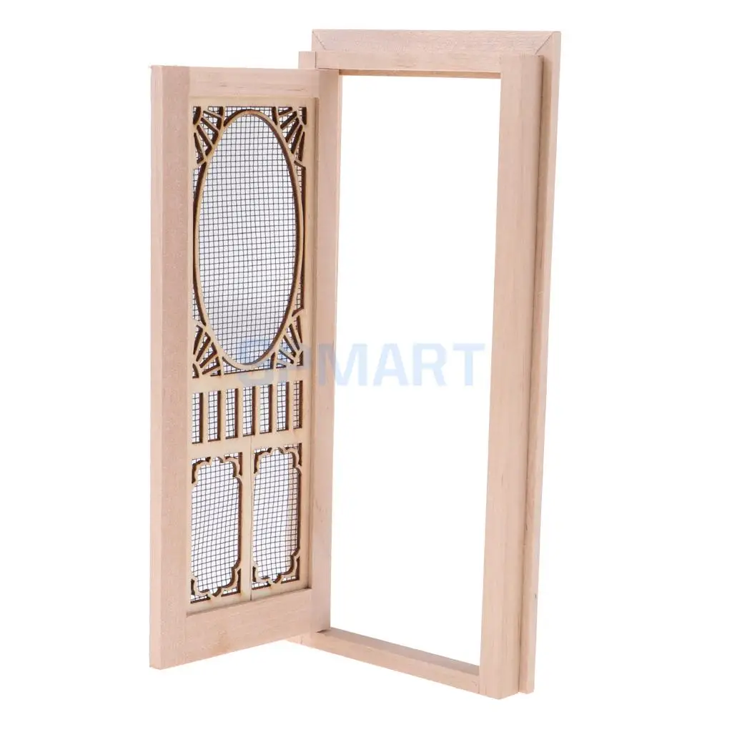 2 Pieces Vintage Wood External Hollow Screen Single Door for 1/12 Dolls House Rooms DIY Accessories