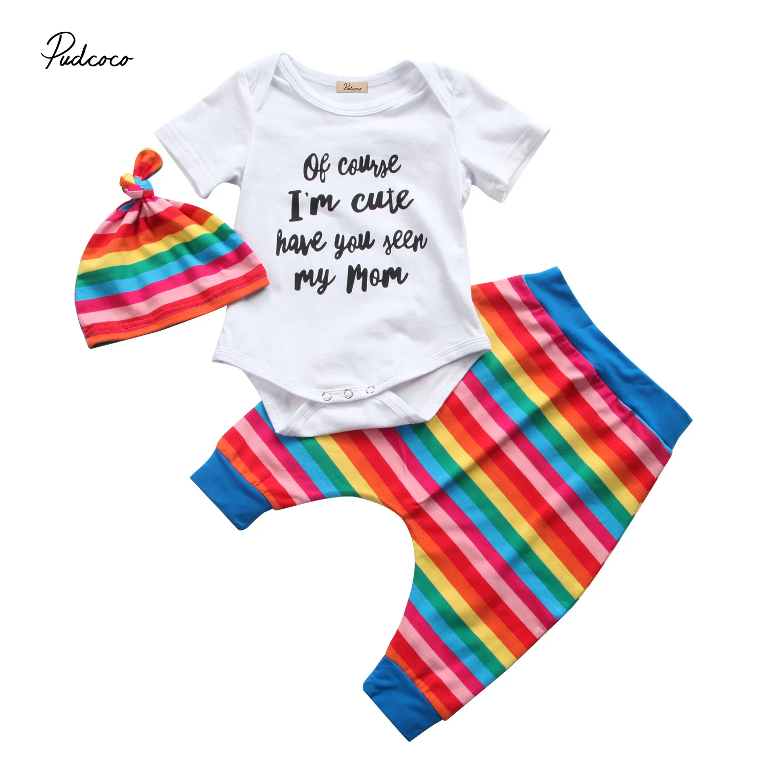 3 Pcs Baby Rainbow Color Stripes Clothing Set Infant Newborn Baby Girls Boy Bodysuit+Striped
