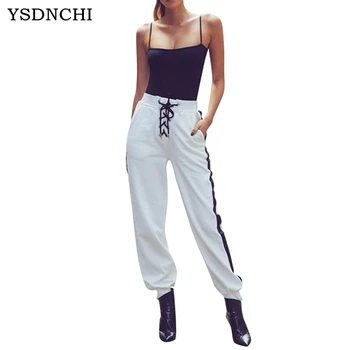 

YSDNCHI New Women Casual Harajuku Spring Autumn Big Size Long Trousers Solid High Waist Pants Lace up Ankle Length Haren Pants