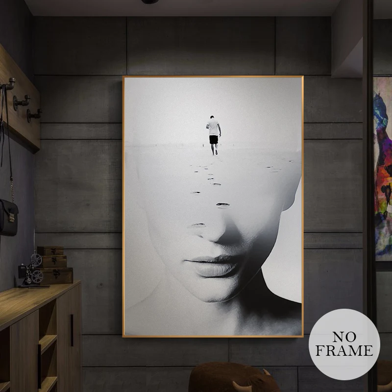 

Modern Abstract Missing Beauty Face Brain Storming Canvas Painting Footprint Posters Wall Art Pictures For Living Room Nordic