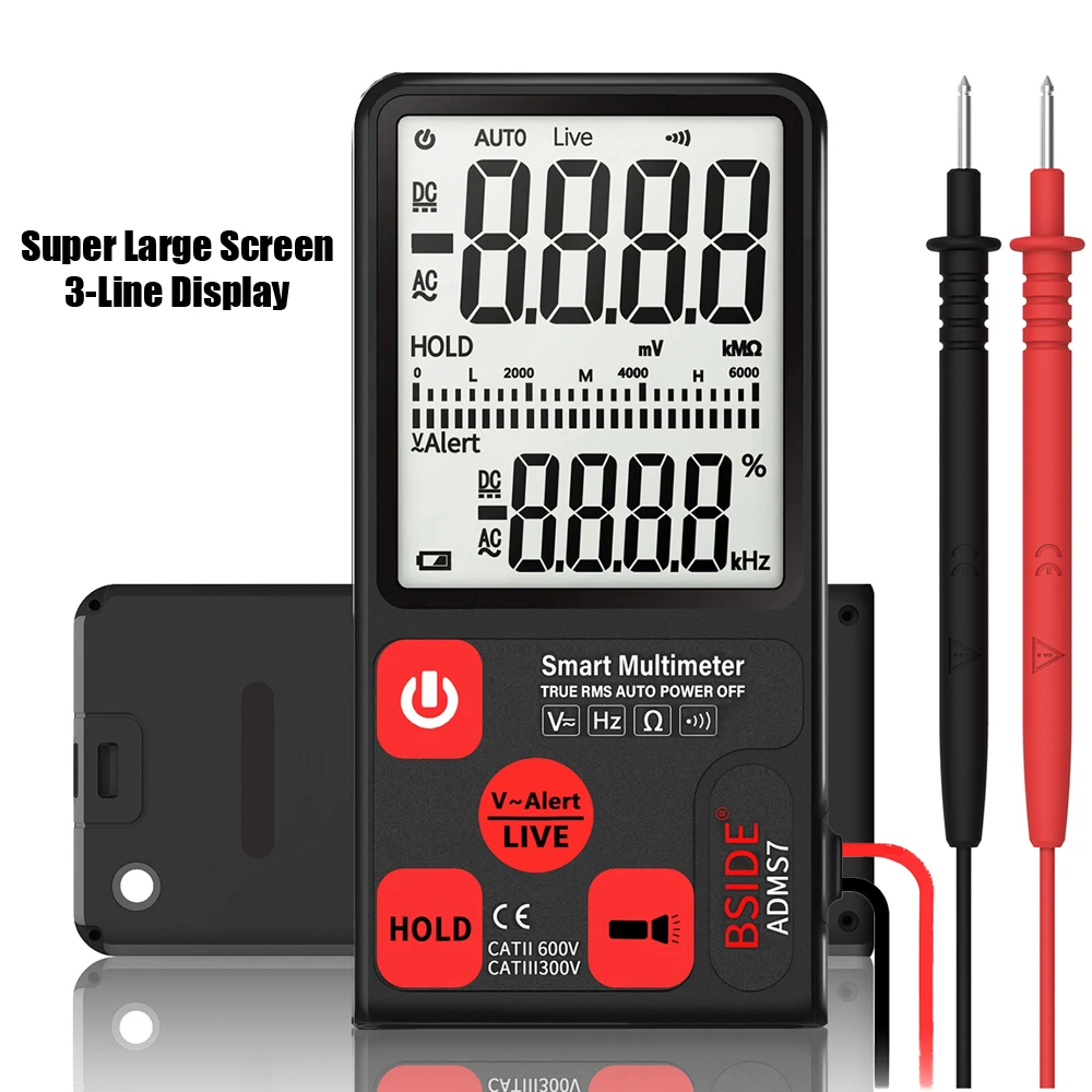 

BSIDE Voltmeter Portable Digital Multimeter ADMS7 LCD 3Line Display AC DC Voltage NCV Resistance Ohm Hz Tester TRMS 6000 Counts