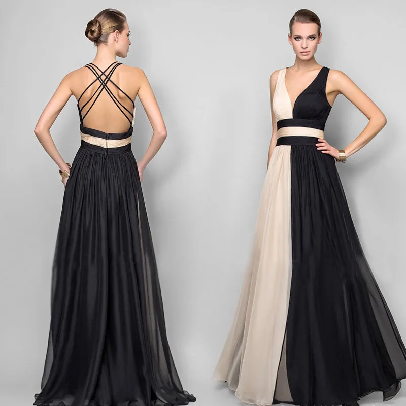

Two Color Patchwork Deep V-Neck Bandage Dress Women Vintage Celebrity Maxi Dresses Ladies Cross Sexy Party Vestidos Elegant Gown
