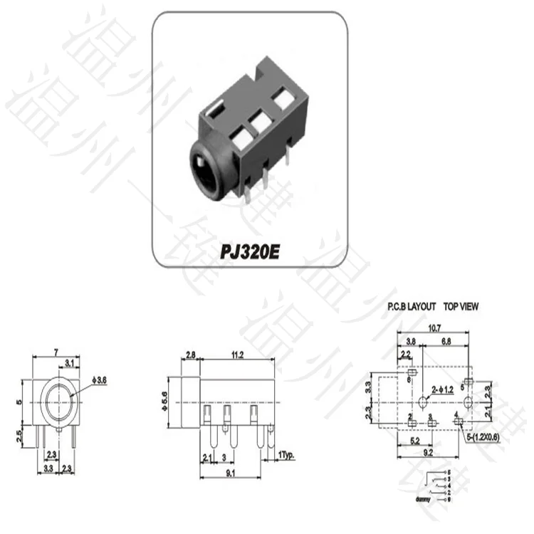 15 шт. PJ-320E разъем для наушников 3,5 5 контактов и 2 фиксированные ножки 3,5 мм гнездо питания