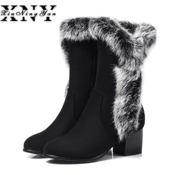 

XIUNINGYAN Women Boots Winter Warm Snow Boots Women Botas Mujer Zipper Fur Mid Calf Boots Flock Ladies Winter Women Shoes Black