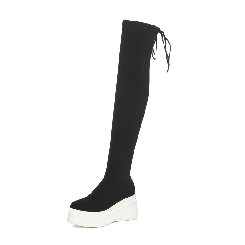 Black white-sole EshtonShero Women Over The Knee Boots Wedge High Heel Shoes Lace Up Round Toe Elastic Band Woman Ladies Motorcycle Boot Size 3-8 - Цвет: Black white-sole