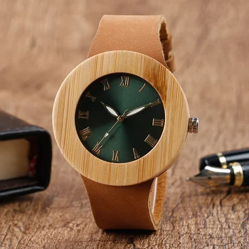 

Men Wood Watches Green Dial Big Round Face Wrist Watch 100% Nature Wooden Bamboo Quartz Watch Male Clock Reloj de madera