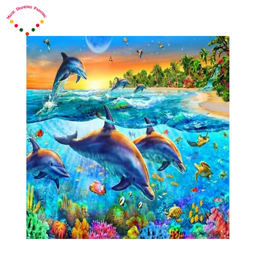DIY дельфины алмазов картина 5D подводный worldundersea worlddiamond крест stitchneedlework горный