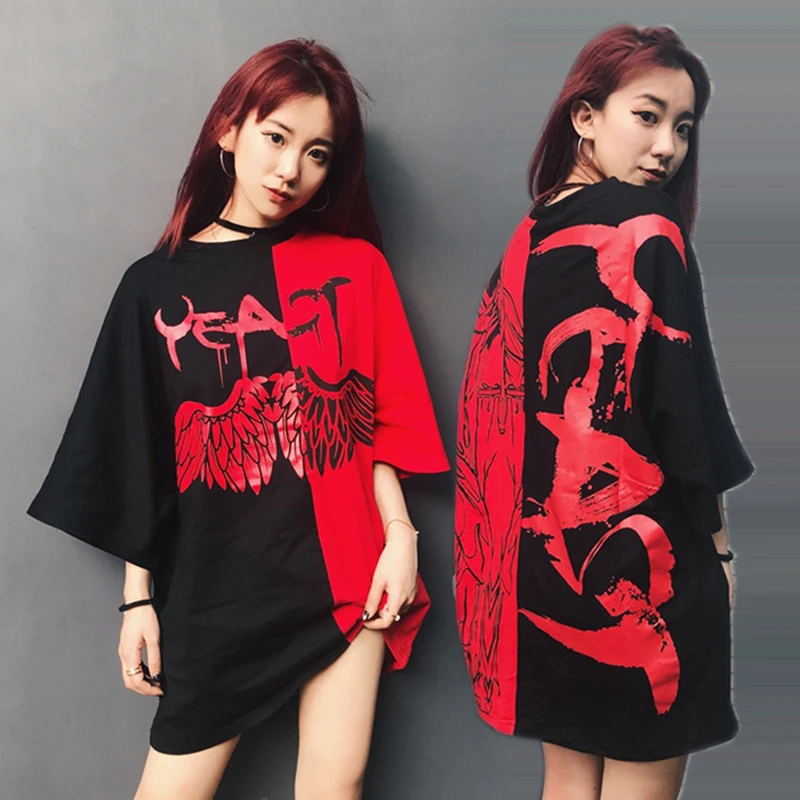 Для женщин летние лоскутные хип хоп панк футболка футболки больших размеров harajuku повседневное уличная корейская мода верхняя одежда