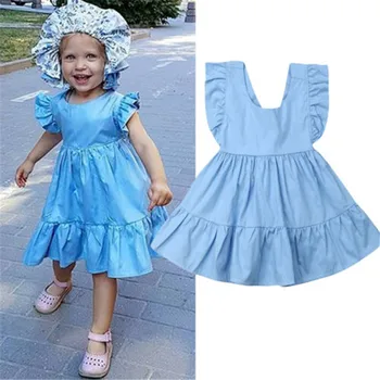 

1-5 Years Baby Girls Clothes Summer Solid Blue Kids Dresses For Girls Ruffle Short Sleeve Tie Back Princess Dress Girl Kid Child