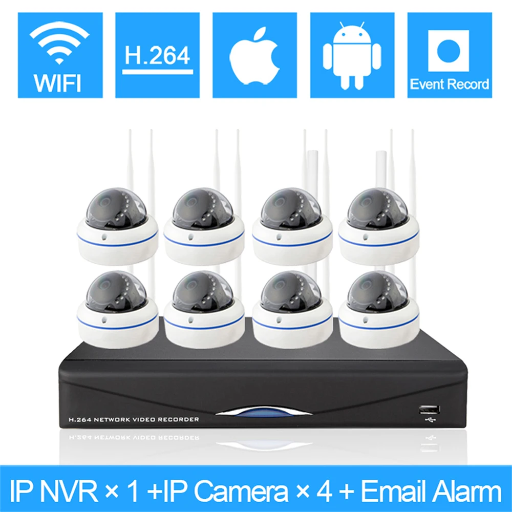 5.8G 1.0 MP 1/4" Color CMOS 8ch 720p wifi 1 NVR with 8 pcs Waterproof IR Bullet wireless IP Camera/wireless CCTV system kit