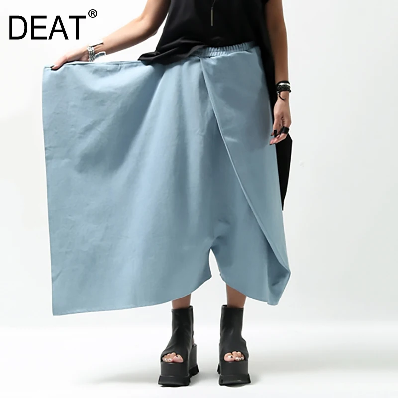 

[DEAT] 2019 New Spring Summer High Elastic Loose Blue Denim Irregular Split Joint Wide Leg Pants Women Trousers Fashion JW60