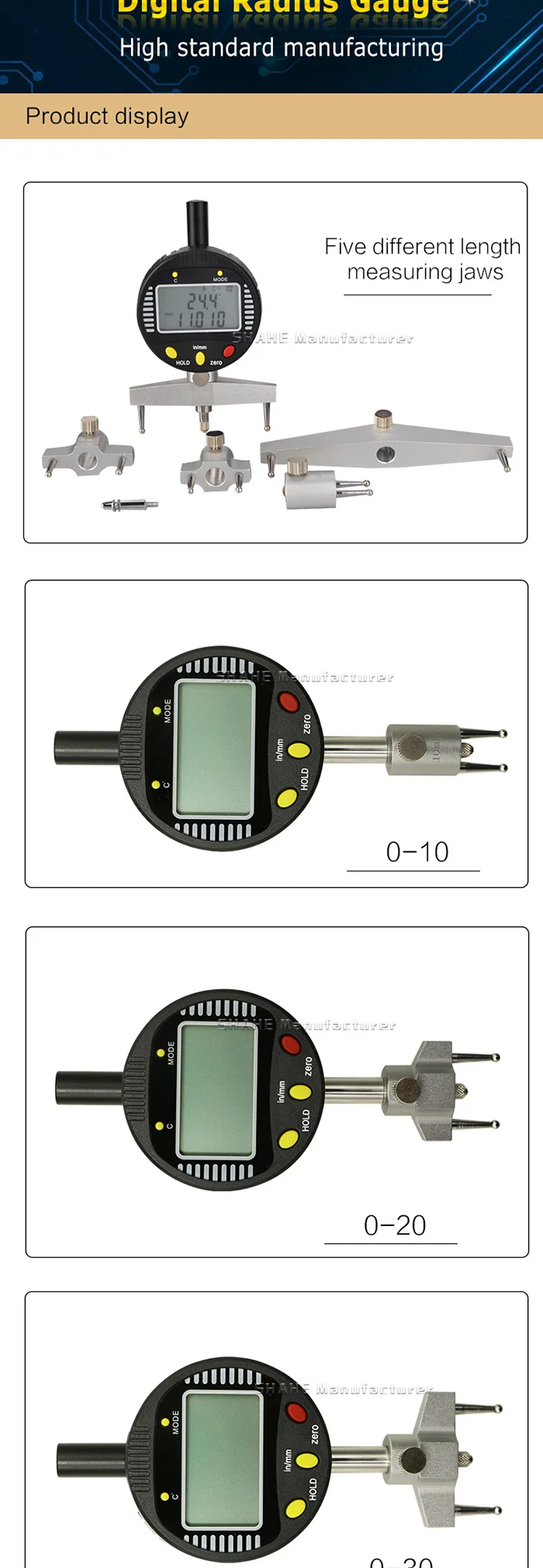 SHAHE Высокая точность цифровой радиус манометр цифровой мульти-индикаторы радиус индикатор с 5 сменными измерительные челюсти