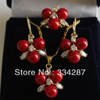 

wholesale good Fine Jewelry 18KGP Black/blue/pink/red/coral/gold South sea shell pearl earring pendant ring set