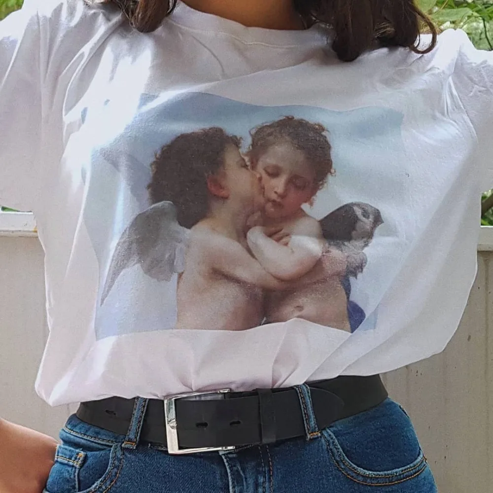 

2019 Korean Trendy Hipster Youth Art Angel Top Print Casual Tshirt Woman Tees Shirt Short Sleeve Quality Soft Daily Adult Tops