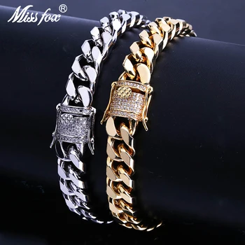 

MISSFOX Hiphop Men 10mm Miami Cuba Bracelets Bangles Jewelry Buckle Armband Goud 18K Gold Plated Copper Metal Brand Bracelet