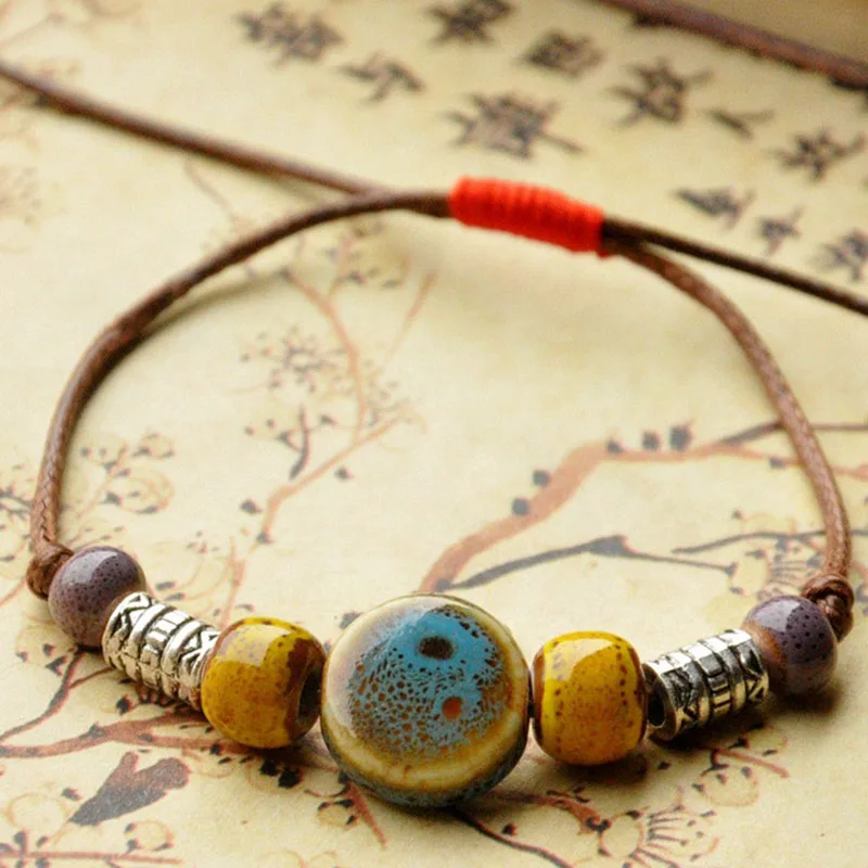 Ceramic Beaded Charm Bracelet For Women Oblate Bead Ethnic Totem Round