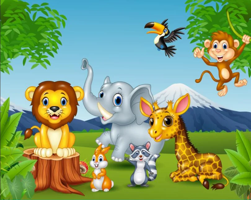 

7x5FT Mountain Safari Park Jungles Baby Lion Elephant Monkey Custom Photo Backgrounds Studio Backdrops Vinyl 220cm x 150cm