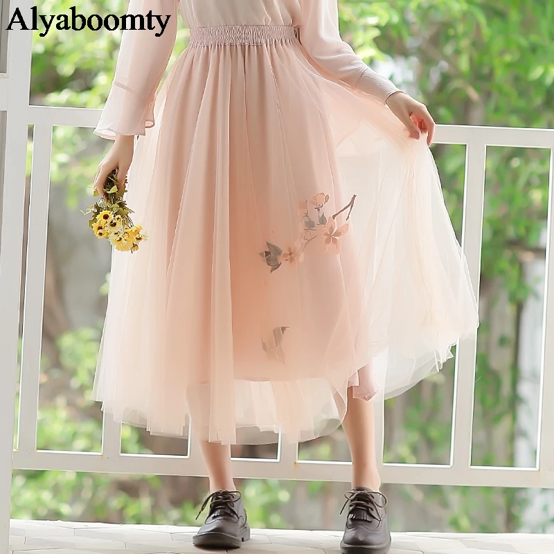 

Japanese Mori Girl Women Mesh Skirt High Waist Floral Embroidery Tulle Princess Long Skirt Romantic Sweet Chic Party Tutu Skirts