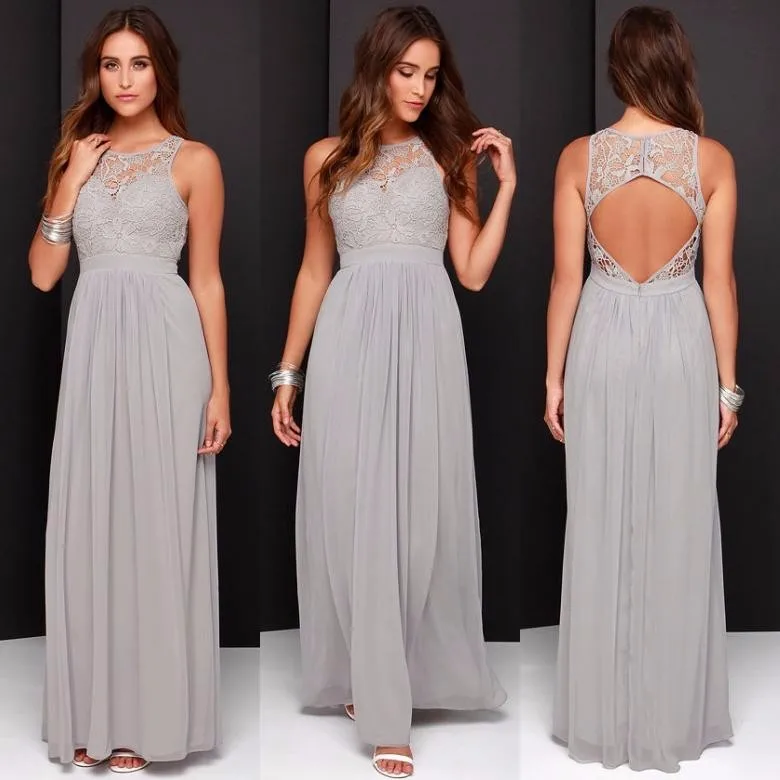 Gray Bridesmaid Dress A Line Sleeve O Neck Open Back Floor Length bridesmaids dresses Cheap 2016 vestidos largos 2