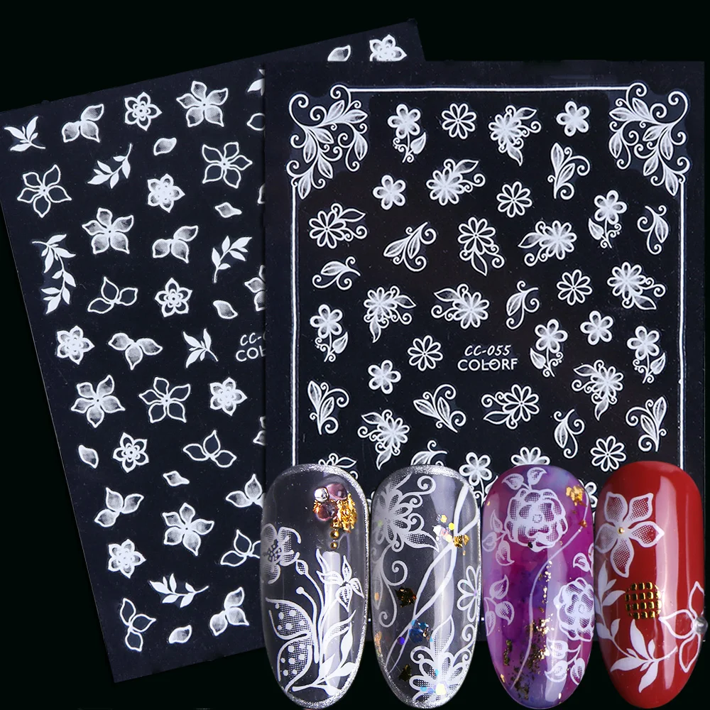 

White 3D Nail Adhesive Stickers Flower Vine Leaf Stripes Design Foils Sliders Nails Art Decorations Decals Manicure TRCC055-063