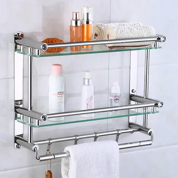 

2 Layers Organizer Stainless Steel Holder Storage Basket Towel Rack Bathroom Accessories Glass Shower Shampoo Soap Shelves 50cm