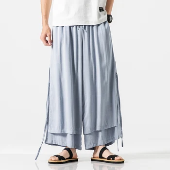 

Men Cotton Linen 2PCS Spliced Loose Casual Wide Leg Harem Pants Male Women Streetwear Chinese Fashion Lovers Skirt Trousers