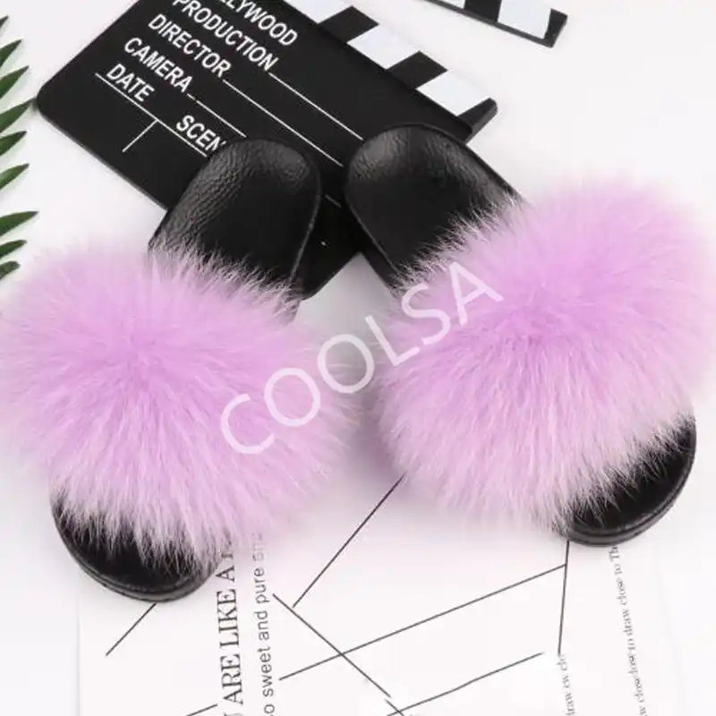 Large Fluffy Real Fox Raccoon Fur Women Slippers Shoes Flat Slides @#