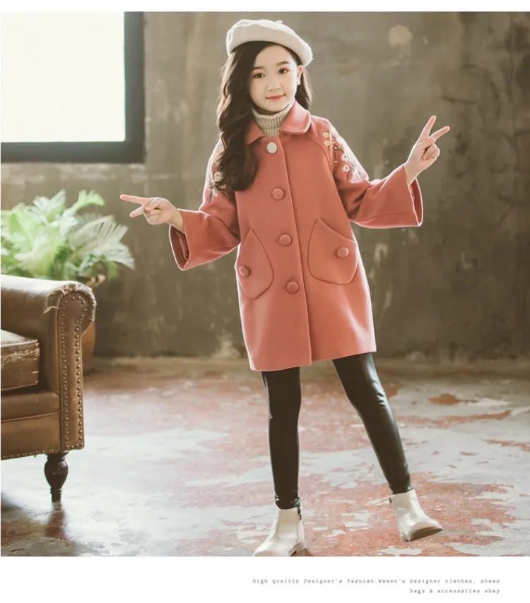 Осень-зима Шерстяное пальто для девочек Розовый и красный цвет Флорес дизайн с пышными рукавами, длинная куртка для детей на Возраст 4-10 до 13 ти лет ветровка