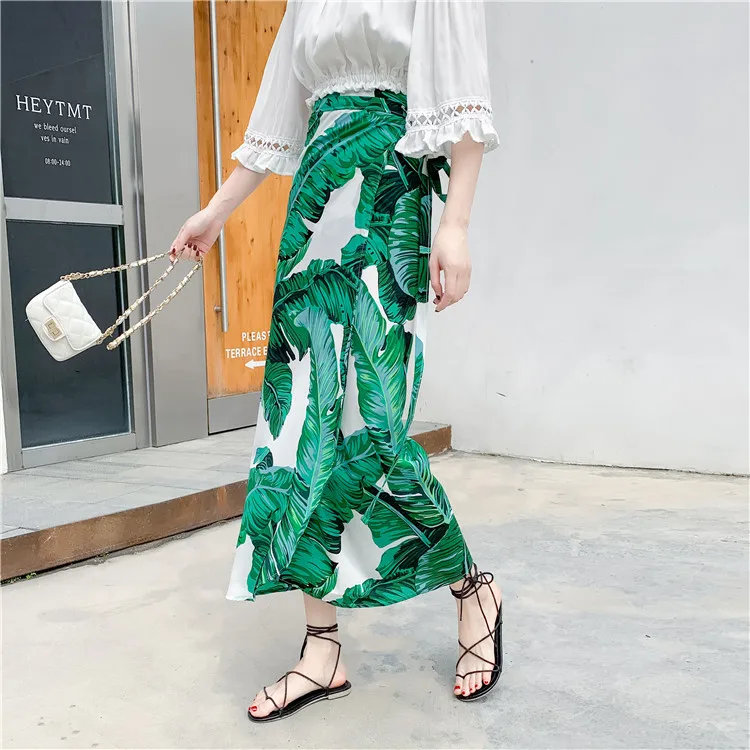 Отпуск стильная шифоновая юбка высокое Обёрточная бумага Талия тропический с принтом зеленых листьев юбки женские Boho Асимметричный длинное пляжные юбки