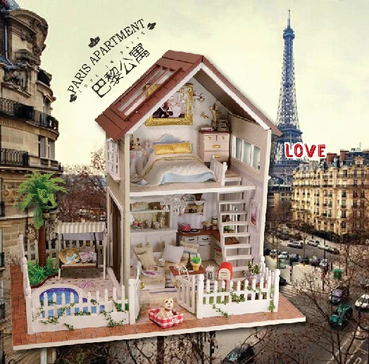 Новая сборка DIY Миниатюрная модель комплект деревянный кукольный дом с мебелью музыкальный светильник Парижская квартира кукольный домик