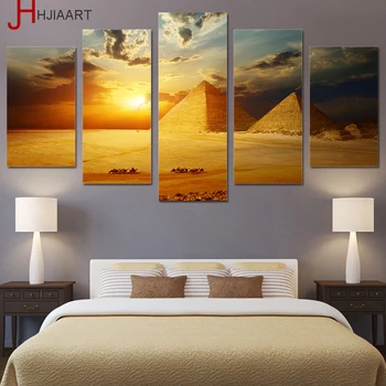 

Canvas Wall Art HD Printed Pictures Frame 5 Pieces Sunset Egypt Pyramid Paintings Living Room Modern Landscape Posters