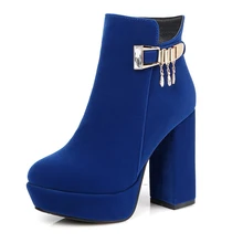 Super Big Size 32-48 2016 Stylish Flock Metal Charm Ankle Boots Thick High Heels Platform Women Shoes Add Fur Fall Winter Boots
