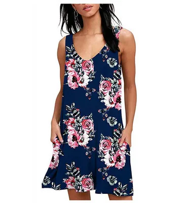 Women Dress 2019 New Arrival Rose Print Sleeveless Summer Dress V Neck Casual Loose Pocket Chiffon Dresses Vestidos
