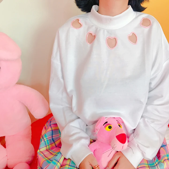 

Women Sweet Heart Hollow Out Oversized Sweatshirt Hoodies Jumper Female Turtleneck Kawaii Top Harajuku Casual Loose Pullover