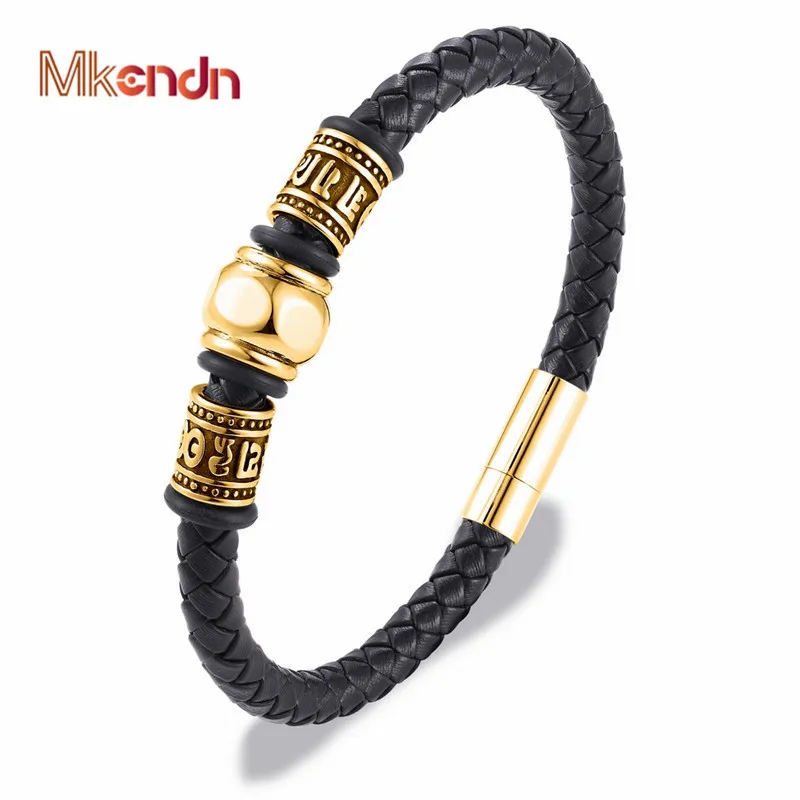 

MKENDN Traditional Tibetan Buddhism Men Multilayer Braided Leather Bracelet Stainless Steel OM Magnetic Clasp Fashion Jewelry