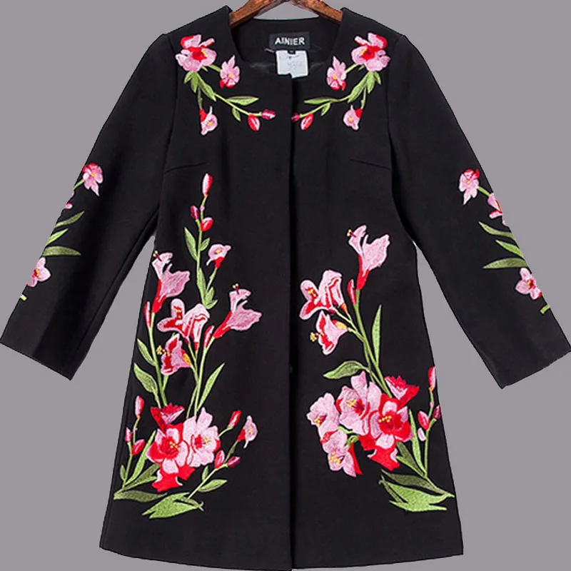 Autumn winter new female jacquard woolen coat womens black national wind silm floral printing embroidery long coat M to 4XL