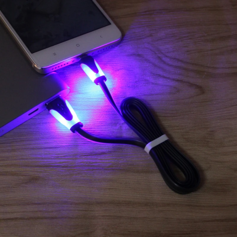 Светодиодный светящийся Micro USB Высокоскоростной плоский кабель для