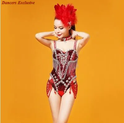 

Sequin Rhinestone Bead Jumpsuit Bodysuit Women Stage Costumes For Singers Bar Nightclubs DJ Sexy Red Rhinestone Dance Bodysuit