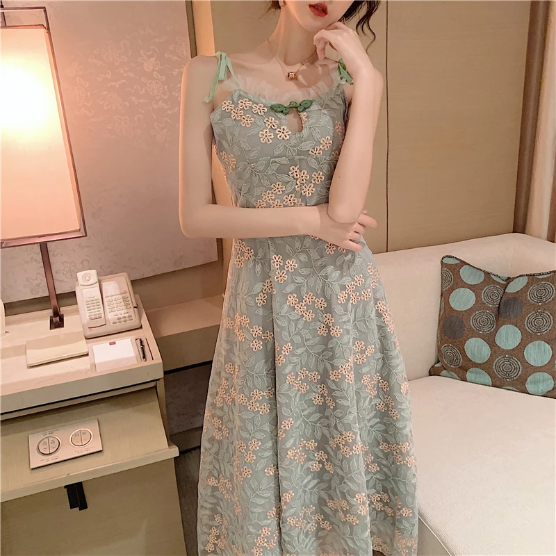 

hot summer strapless spaghetti strap floral long dress robe longue Women's Clothing fashion brand Korean mash lace party dresses