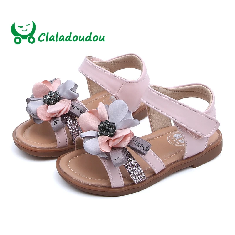 

Claladoudou14-16CM Brand Princess Flower With Lace Korean Fashion Summer Sandals Shoes Pink White Black Soft Cow Muscle Flats