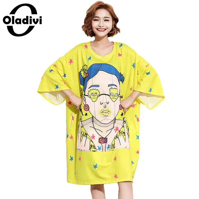 

Oladivi Brand Apparel Fashion Fashion Print Plus Size Women Casual Dress Ladies Loose Summer Yellow Dresses Long Top Shirt Tunic