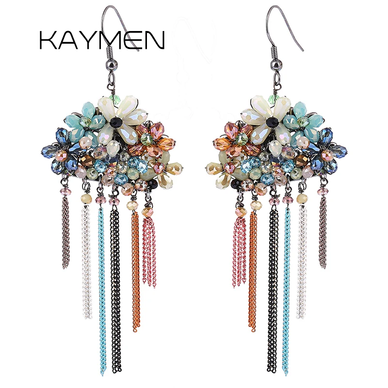 

KAYMEN Beautiful Crystal Flowers and Multicolor Chains Tassels Drop Dangle Handmade Earrings for Women Girls Fashion Jewelry